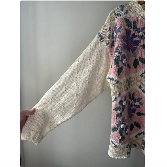 1990s Hand Knit Floral Sweater | Vintage Pastel Tapestry Sweater - Picture 3 of 4